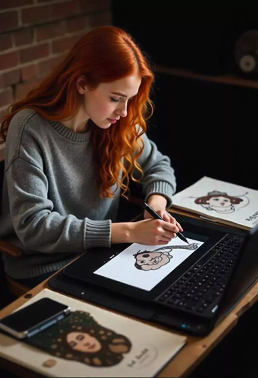 Student drawing on tablet